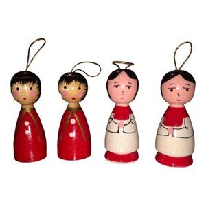 Lot Of 4 Vintage Wooden Peg Doll Hand Painted Ornaments 2.25” Christmas Easter